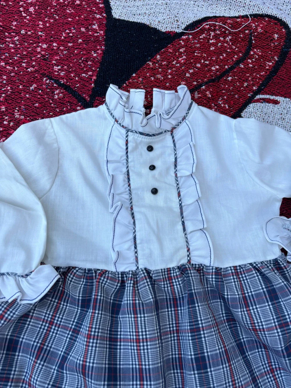 VINTAGE 70s PRAIRIE RUFFLE FRONT PLAID SKIRT GIRLS SIZE 2T? ADORABLE HOLIDAY